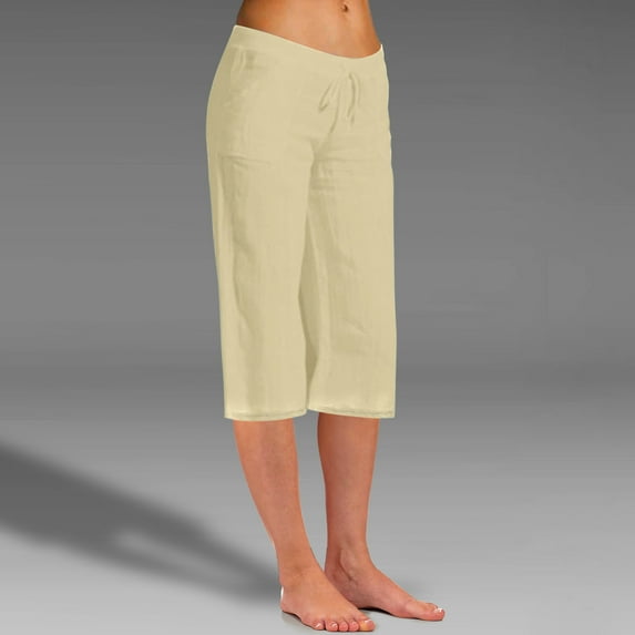 Summer Savings Clearance! Titcea Womens Capris for Summer Solid Color Elastic Waisted Cotton Linen Drawstring Hawaiian Beach Holiday Casual Pants with Pockets, Gifts for Mom/Her