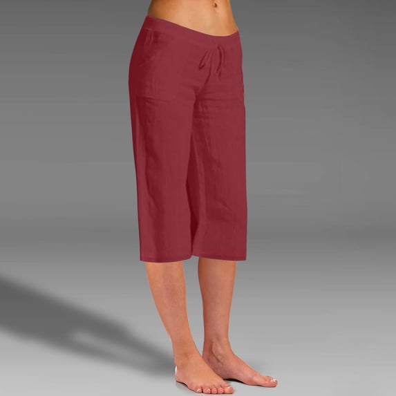 Summer Savings Clearance! Titcea Womens Capris for Summer Solid Color Elastic Waisted Cotton Linen Drawstring Hawaiian Beach Holiday Casual Pants with Pockets, Gifts for Mom/Her