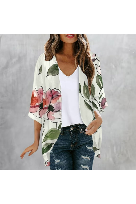 Womens Cardigans Floral Printed Lightweight Thin 3/4 Sleeve Coverup Hawaiian Beach Holiday Loose Casual Capes