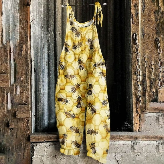 Titcea Womens Romper Bee Festival Printed Round Neck Sleeveless Adjustable Straps Jumpsuits Loose Casual Rompers with Pockets,Gifts for Mom/Her