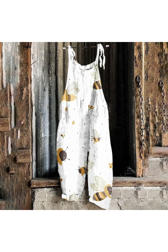 Womens Romper Bee Festival Printed Round Neck Sleeveless Adjustable Straps Jumpsuits Loose Casual Rompers with Pockets,Gifts for Mom/Her