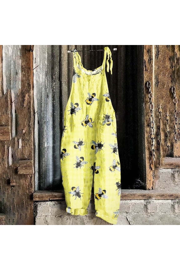 Womens Romper Bee Festival Printed Round Neck Sleeveless Adjustable Straps Jumpsuits Loose Casual Rompers with Pockets,Gifts for Mom/Her