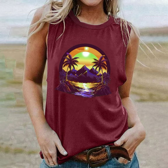 Titcea Womens Tank Tops Palm Tree Printed Round Neck Sleeveless Graphic Tees Beach Holiday Travel Workout Tank Tops