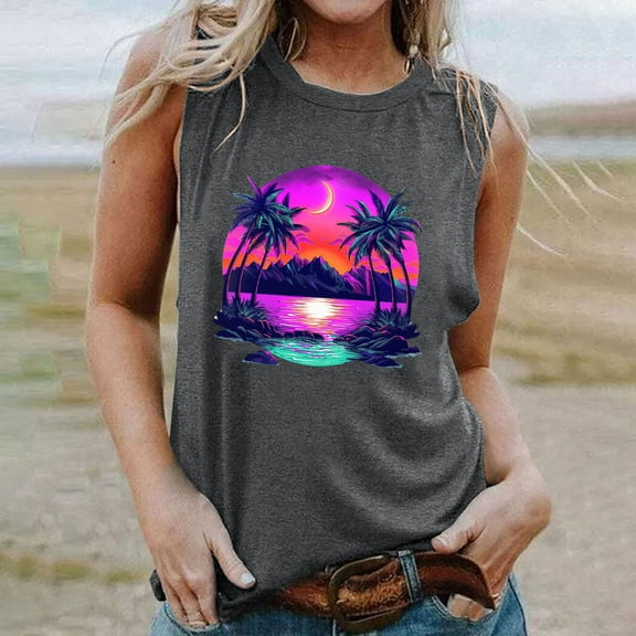 Titcea Womens Tank Tops Palm Tree Printed Round Neck Sleeveless Graphic Tees Beach Holiday Travel Workout Tank Tops