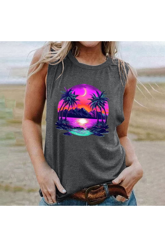 Womens Tank Tops Palm Tree Printed Round Neck Sleeveless Graphic Tees Beach Holiday Travel Workout Tank Tops