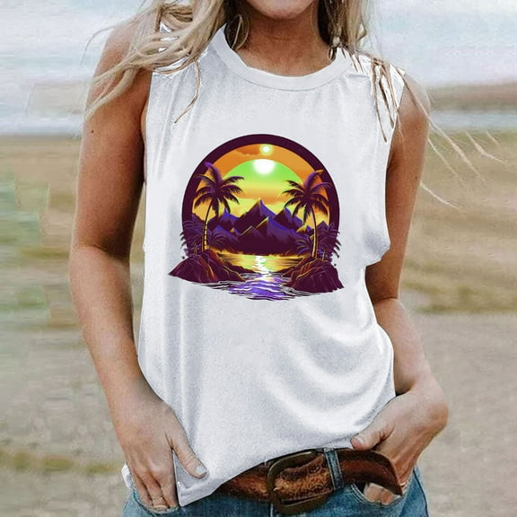 Titcea Womens Tank Tops Palm Tree Printed Round Neck Sleeveless Graphic Tees Beach Holiday Travel Workout Tank Tops