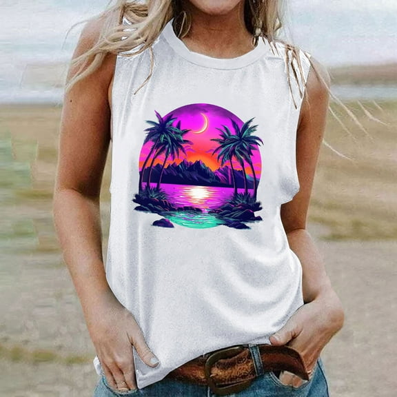 Titcea Womens Tank Tops Palm Tree Printed Round Neck Sleeveless Graphic Tees Beach Holiday Travel Workout Tank Tops