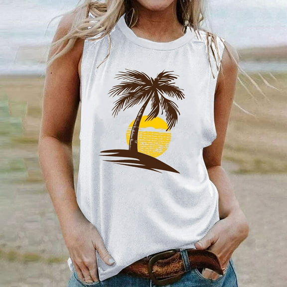 Titcea Womens Tank Tops Palm Tree Printed Round Neck Sleeveless Graphic Tees Hawaiian Beach Holiday Casual Summer Tops