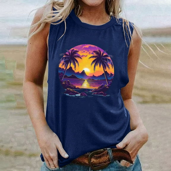 Titcea Womens Tank Tops Palm Tree Printed Round Neck Sleeveless Graphic Tees Hawaiian Beach Holiday Casual Summer Tops
