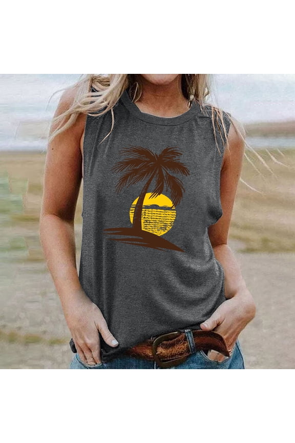 Womens Tank Tops Palm Tree Printed Round Neck Sleeveless Graphic Tees Hawaiian Beach Holiday Casual Summer Tops
