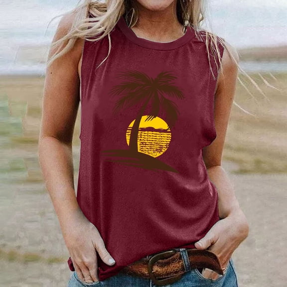 Titcea Womens Tank Tops Palm Tree Printed Round Neck Sleeveless Graphic Tees Hawaiian Beach Holiday Casual Summer Tops