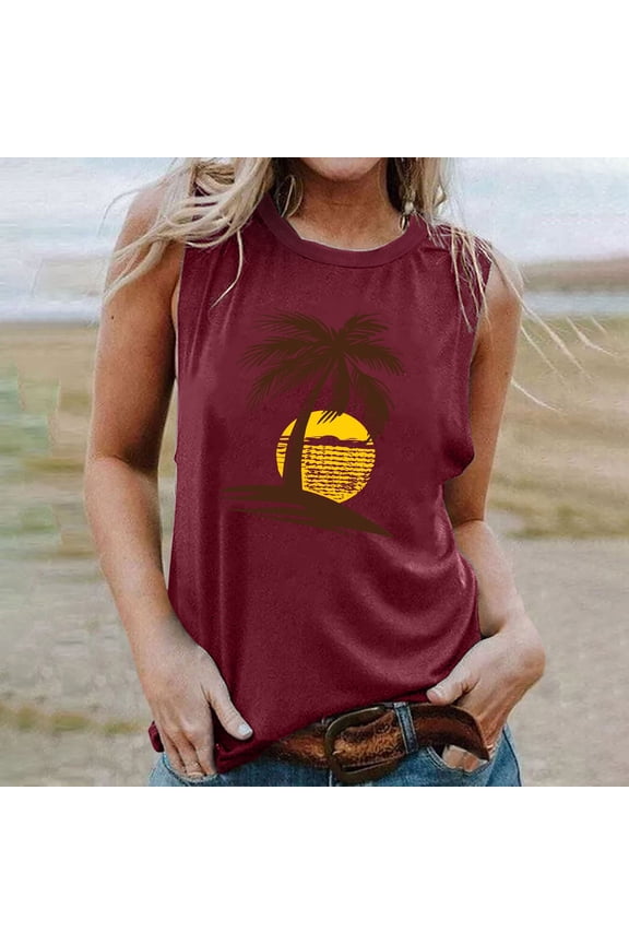 Womens Tank Tops Palm Tree Printed Round Neck Sleeveless Graphic Tees Hawaiian Beach Holiday Casual Summer Tops