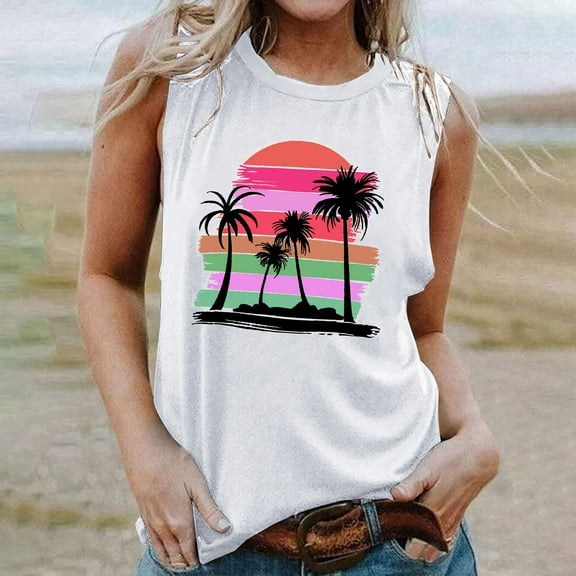 Titcea Womens Tank Tops Palm Tree Printed Round Neck Sleeveless Summer Tops Hawaiian Beach Travel Casual Graphic Tees