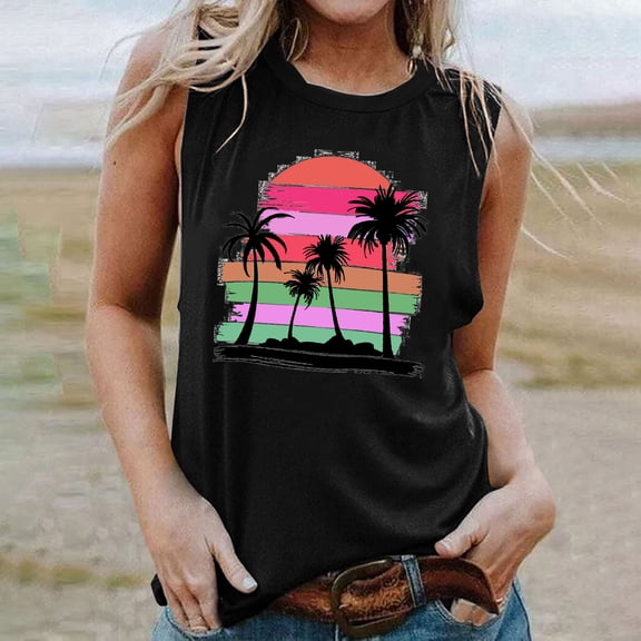 Titcea Womens Tank Tops Palm Tree Printed Round Neck Sleeveless Summer Tops Hawaiian Beach Travel Casual Graphic Tees