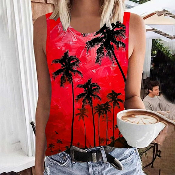 Titcea Womens Tank Tops Round Neck Sleeveless Summer Casual Graphic Tees Hawaiian Beach Holiday Palm Tree Printed T Shirts