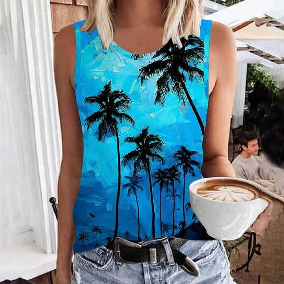 Titcea Womens Tank Tops Round Neck Sleeveless Summer Casual Graphic Tees Hawaiian Beach Holiday Palm Tree Printed T Shirts