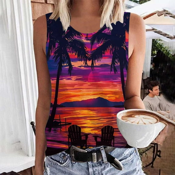 Titcea Womens Tank Tops Round Neck Sleeveless Summer Travel Graphic Tees Hawaiian Beach Holiday Palm Tree Printed T Shirts