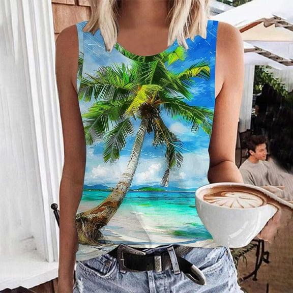 Titcea Womens Tank Tops Round Neck Sleeveless Summer Travel Graphic Tees Hawaiian Beach Holiday Palm Tree Printed T Shirts