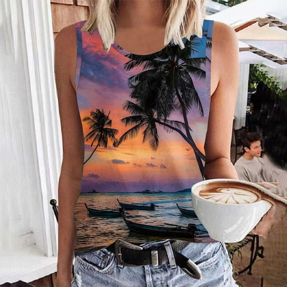 Titcea Womens Tank Tops Round Neck Sleeveless Summer Travel Graphic Tees Hawaiian Beach Holiday Palm Tree Printed T Shirts