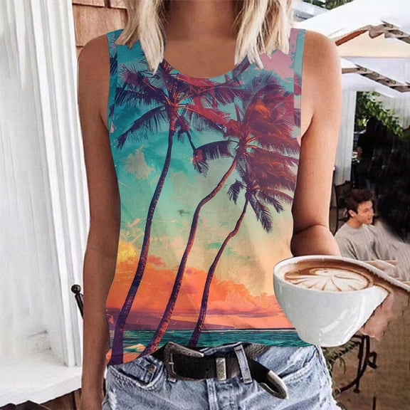 Titcea Womens Tank Tops Round Neck Sleeveless Summer Travel Graphic Tees Hawaiian Beach Holiday Palm Tree Printed T Shirts