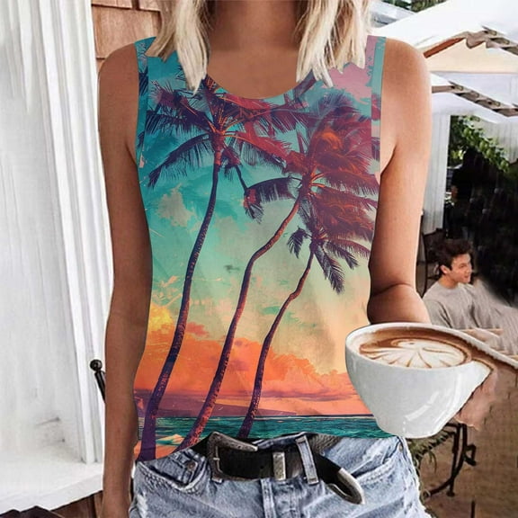 Titcea Womens Tank Tops Round Neck Sleeveless Summer Travel Graphic Tees Hawaiian Beach Holiday Palm Tree Printed T Shirts
