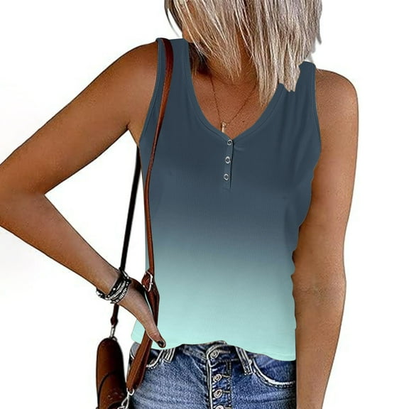 Titcea Womens Tops Gradient Printed V-Neck Sleeveless Buttons Tank Top Beach Vacation Loose Comfort T Shirts