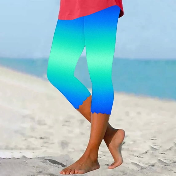Summer Savings Clearance! Titcea Yoga Pants Women High Waisted Slim Gradient Dyeing Printed Wavy Leggings Hawaiian Beach Holiday Summer Casual Joggers ,Gifts for Mom/Her