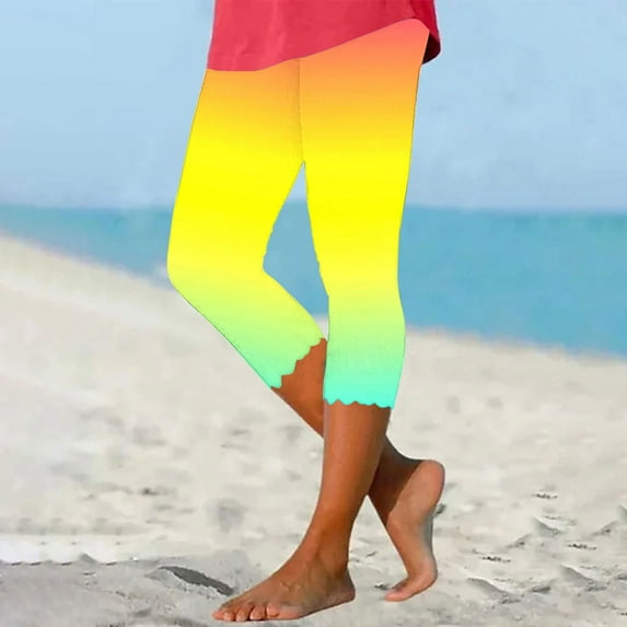 Summer Savings Clearance! Titcea Yoga Pants Women High Waisted Slim Gradient Dyeing Printed Wavy Leggings Hawaiian Beach Holiday Summer Casual Joggers ,Gifts for Mom/Her