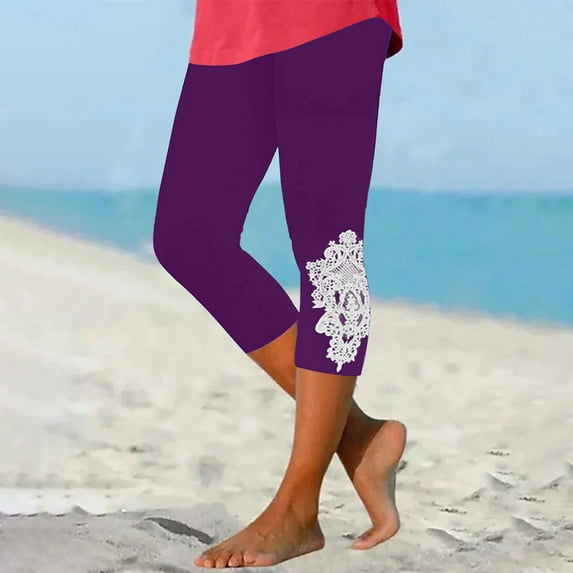 Titcea Yoga Pants Women High Waisted Slim Solid Color Lace Leggings Hawaiian Beach Holiday Summer Casual Joggers ,Gifts for Mom/Her