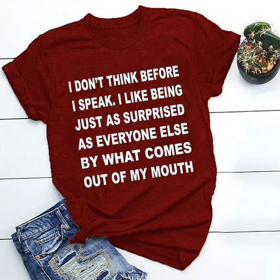 UsYezik T Shirts for Women Funny Letter Print Crewneck T-Shirts Loose Fitting Short Sleeve Casual Tee Graphic Vintage Shirts Wine S