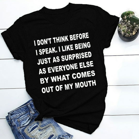 UsYezik Women Summer Tops Crew Neck Dressy Casual Shirts Trendy Loose Short Sleeve Funny Letter Print Tops Vintage T-Shirts Black M