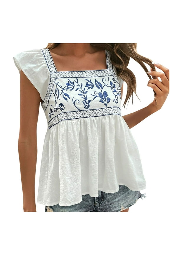 Womens Tops Summer Square Neck Tunic Floral Print Smocked Ruffle Short Sleeve Tops Backless Dressy Casual Blouses T-shirt White M