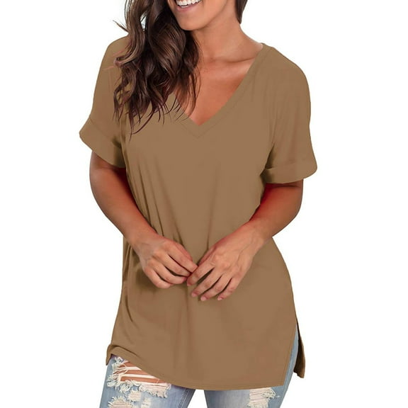 UsYezik Womens V Neck T Shirts Basic V Neck Tunics or Tops to Wear with Leggings Solid Tops Spring Summer T Shirts Loose Fit Business Casual Shirts Women Gift Navy S