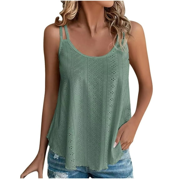 Xihbxyly Long Vest Tops for Women Fashion Women Causal Embroidery Round Neck Sling Vest Sleeveless T-Shirt Summer Tops Army Green L