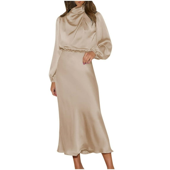 Summer Savings Clearance!Viikei Packable Crew Neck Dress-Carry-On Friendly Travel,Women's High-end Satin Long Sleeved Loose Fitting Dress with Elegant Temperament Women's Evening Dress