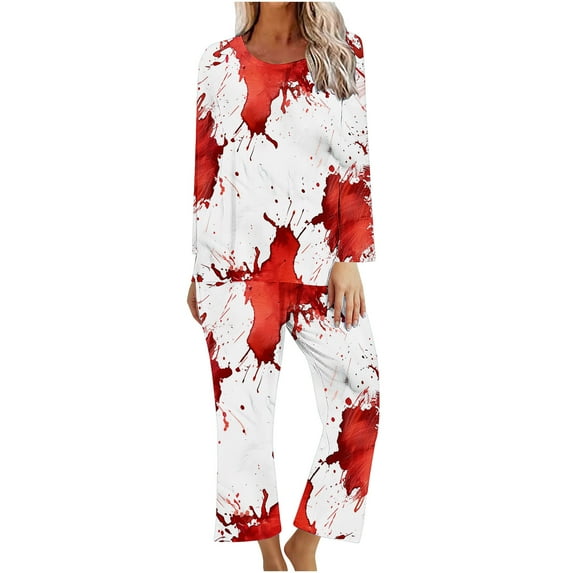 Summer Savings Clearance!Viikei Pj Sets for Woman,Ladies' Halloween Printed Casual Top Pants Pajama Set Red XXL
