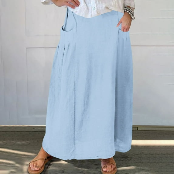 Summer Savings Clearance!Viikei Plus Size Skirts for Women,Women's Printed Elastic Waistband Pleated Pocket Skirt With Mid Calf Skirt Light Blue XXXXL