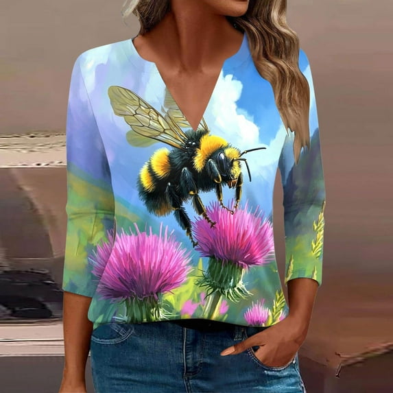 Summer Savings Clearance!Viikei Summer Tops for Women Clearance under $10,Women's Casual Printed Long Sleeve V-neck Multicolor M