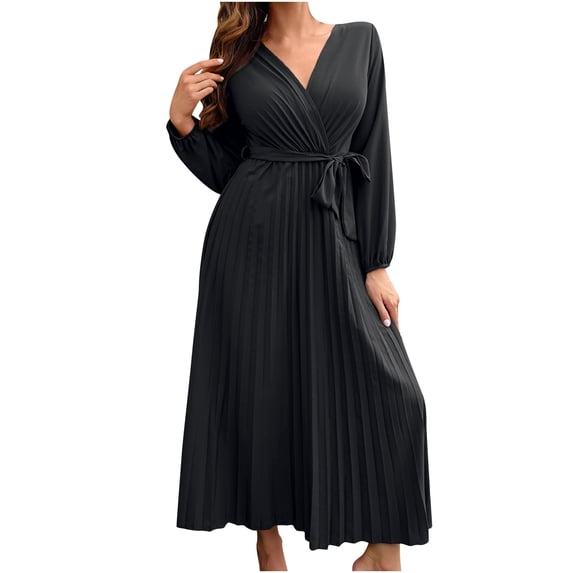 Summer Savings Clearance!Viikei Sun Dresses for Women Plus Size,Women's and Winter Fashion Solid Color V-neck Pleated Dress Long Skirt