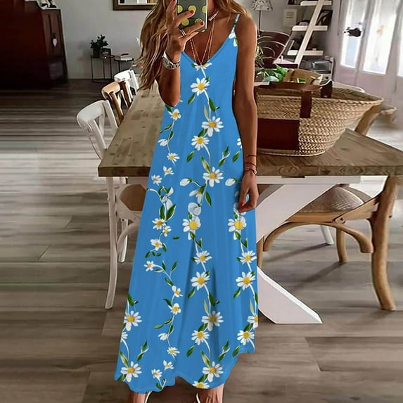 Summer Savings Clearance!Viikei Womens Dresses Clearance,Fashion Women Summer Casual Solid V-Neck Camis Sleeveless Long Dress Blue M