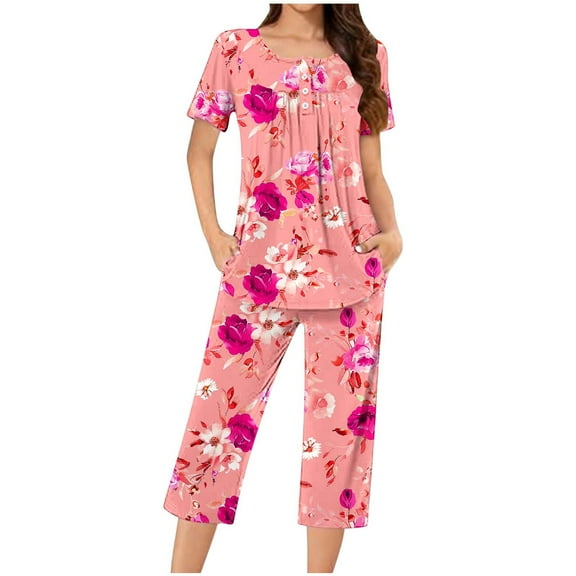 Viikei Womens Sets 2 Piece Outfits,Women Casual Round Neck Short Sleeve Blouse Fashion Pants Pajamas Suit Hot Pink S