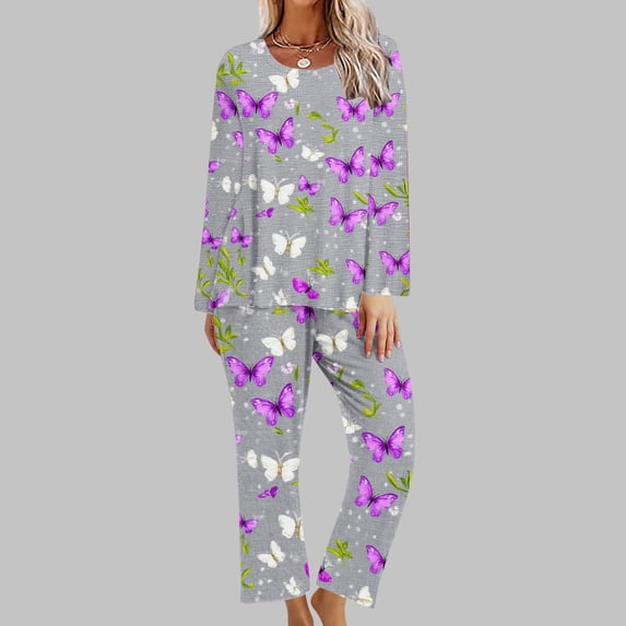 Summer Savings Clearance!Viikei Womens Sets Clearance,Ladies' Fashion Printed Casual Round Neck Long Sleeve Top Pants Pajama Set Gray XL