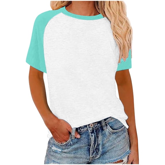 Ohufall T-shirts for Women Plus Size Fashion Casual Patchwork Color Pullover Short Sleeve Crew Neck Blouses