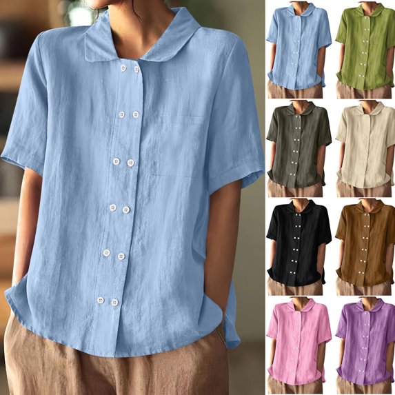 Summer Savings Woman's Tops, Xunlbb Women's Fashion Cotton And Double Breasted Open Collar Short Sleeved Top(Light Blue,S)