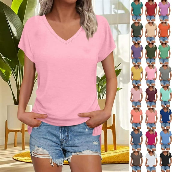 Summer Savings Womans Tops, Xunlbb Women's Fashion Solid Color Slit Raglan Sleeve Short Sleeve Blouse V-Neck T-Shirt Tops(Dark Pink,S)
