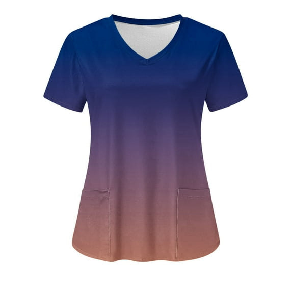 Women Nursing Scrub Tops Gradient Printed Working Uniform V Neck Short Sleeve Workwear Blouse T-shirt with Pockets