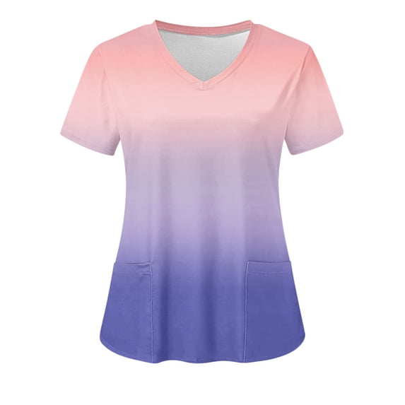 Women Nursing Scrub Tops Gradient Printed Working Uniform V Neck Short Sleeve Workwear Blouse T-shirt with Pockets