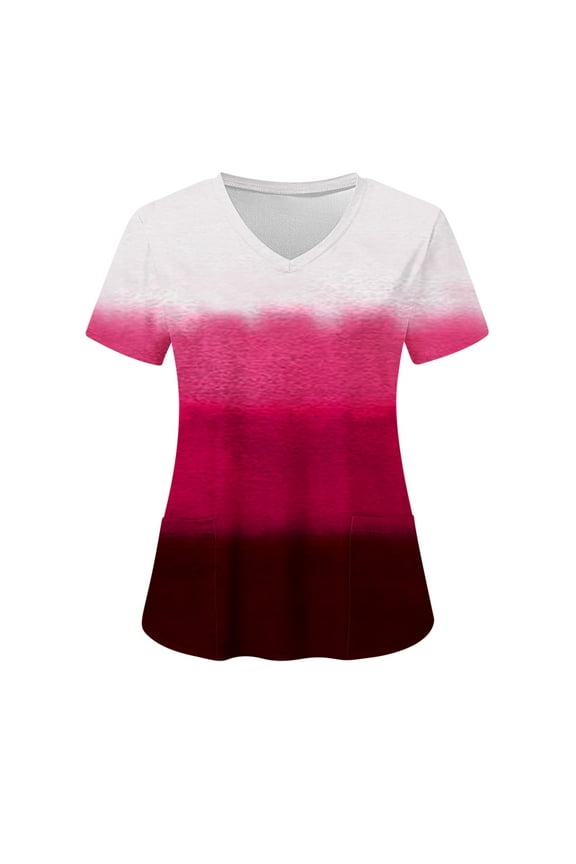 Women Nursing Scrub Tops Gradient Printed Working Uniform V Neck Short Sleeve Workwear Blouse T-shirt with Pockets