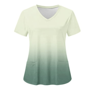 Summer Savings Clearance! Women Nursing Scrub Tops Gradient Printed Working Uniform V Neck Short Sleeve Workwear Blouse T-shirt with Pockets