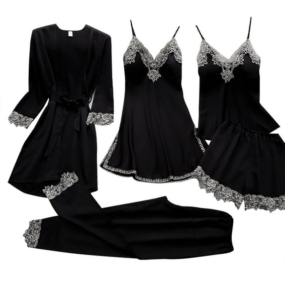 Clothing 2025 Women's 5 Piece Sleepwear Floral Satin Cami Pajama Set Silk Nightgown with Robe